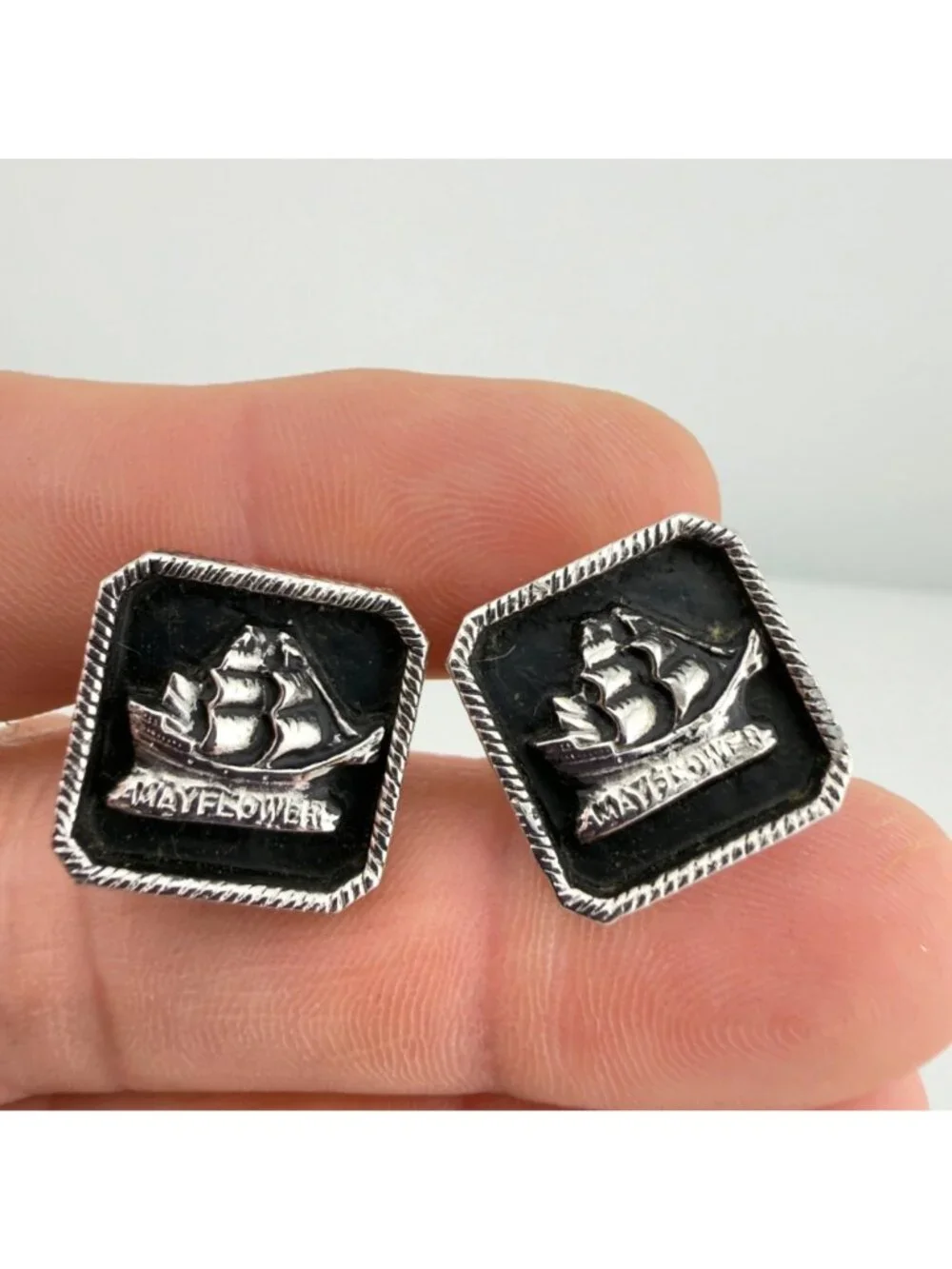 Vintage Cufflinks Set of 2 Tall Ships Mayflower Silver Tone Nautical Sailing